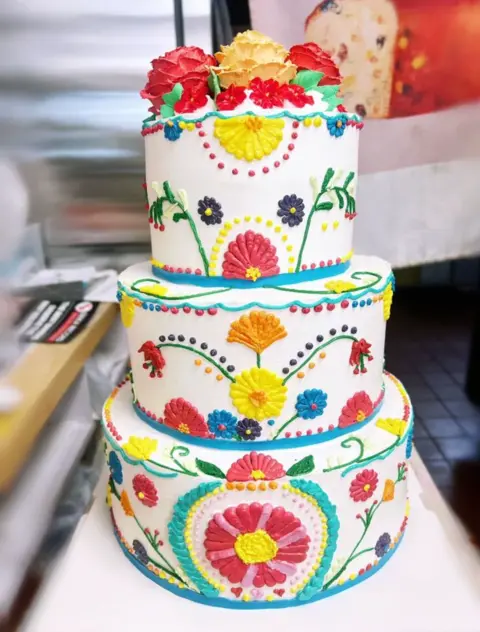 #415 three tier Mexican inspired wedding cake with colorful floral embroidery design by KK Bakery in Rosemead