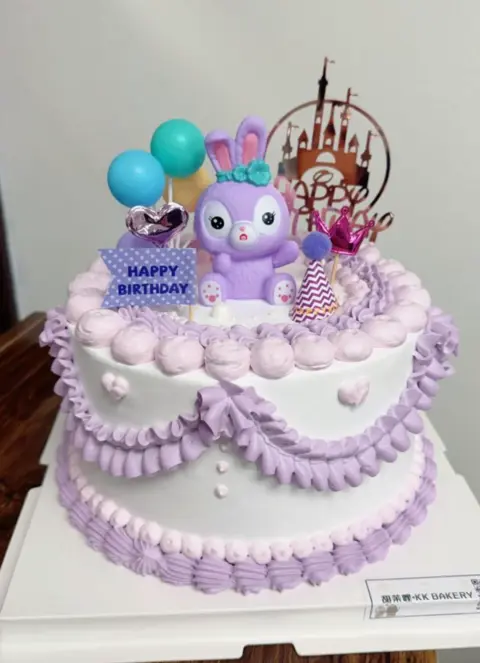 #419 purple bunny inspired birthday cake with character topper, balloons and castle decoration by KK Bakery in Rosemead