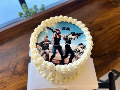 #511 pop group inspired cake with printed band photo and white piped border by KK Bakery in Rosemead