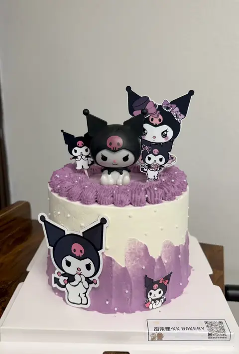 #522 purple two tier Kuromi inspired birthday cake with character toppers and black hearts by KK Bakery in Rosemead