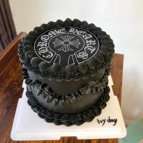 #528 black Chrome Hearts inspired birthday cake with cross motif and piped borders by KK Bakery in Rosemead