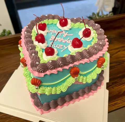 #530 colorful vintage heart shaped cake with cherries and layered piped borders by KK Bakery in Rosemead