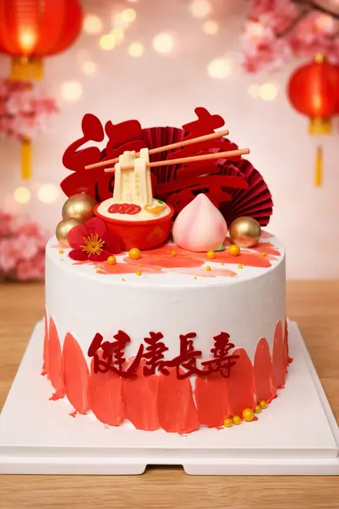 #552 Chinese longevity cake with peach decorations, red fans and gold blessing details by KK Bakery in Rosemead