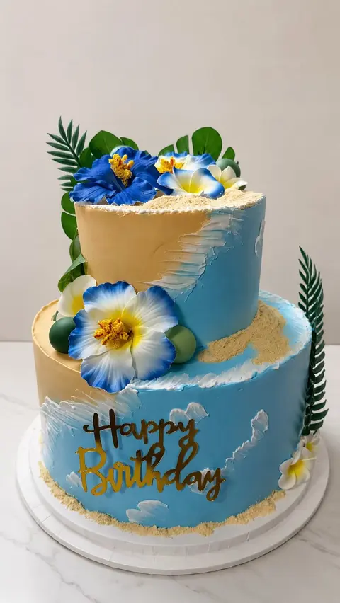#554 two tier blue tropical cake with hibiscus flowers and palm leaf decorations by KK Bakery in Rosemead