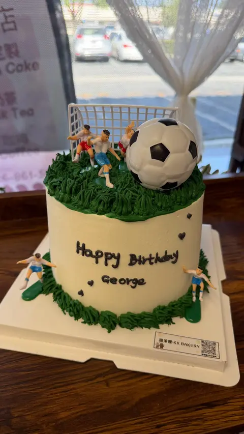 #557 soccer birthday cake with ball topper, green field frosting and gold stars by KK Bakery in Rosemead