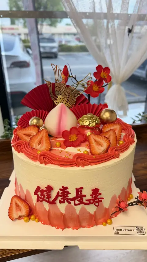 #558 Chinese longevity cake with fresh strawberries, red flowers and blessing topper by KK Bakery in Rosemead