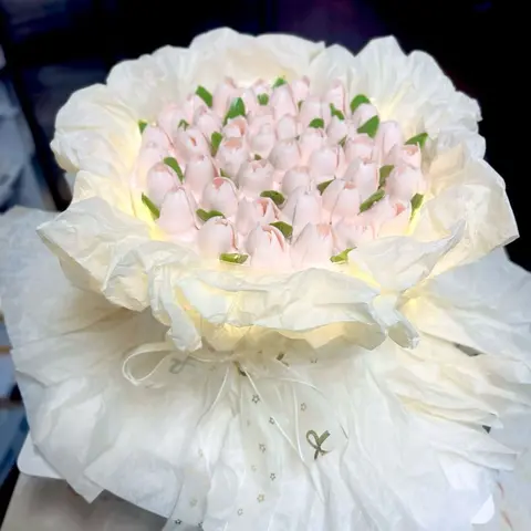 #569 white ruffle flower cake with pale pink buds and delicate petals by KK Bakery in Rosemead