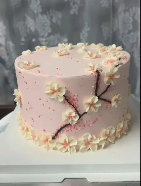 #578 pink cherry blossom cake with flowering branches and delicate pearl details by KK Bakery in Rosemead