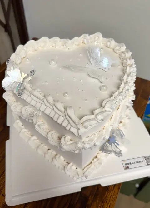 #610 vintage white heart shaped cake with pearl details and piped borders by KK Bakery in Rosemead