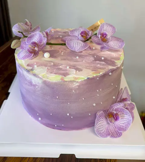 #615 elegant purple orchid cake with pearl decorations by KK Bakery in Rosemead