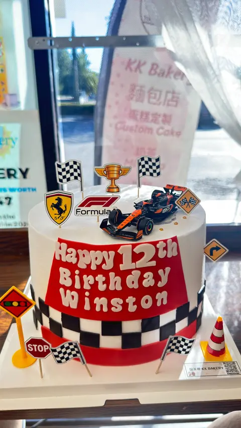 #616 Formula 1 inspired birthday cake with race car and checkered flags by KK Bakery in Rosemead