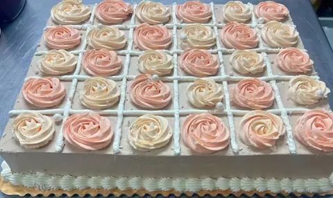 #622 rectangular peach sheet cake with rows of pink and cream buttercream rosettes and pearl details by KK Bakery in Rosemead