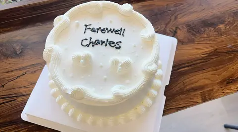 #633 elegant white farewell cake with piped borders and pearl decorations by KK Bakery in Rosemead