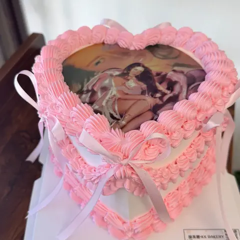 #640 pink heart shaped photo cake with vintage piping and satin ribbon bows by KK Bakery in Rosemead